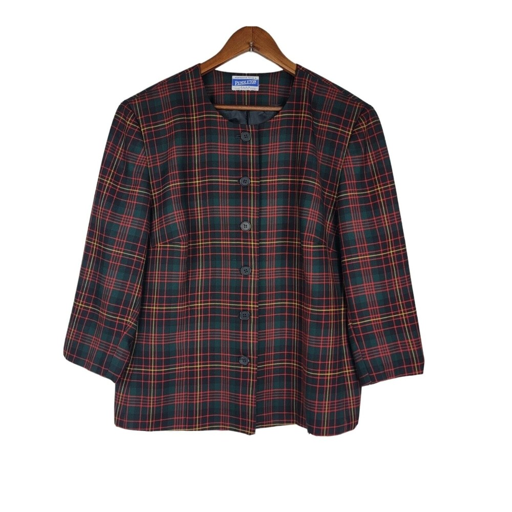 Vintage Pendleton Red Green Plaid 100% Wool Blazer No Size Tag